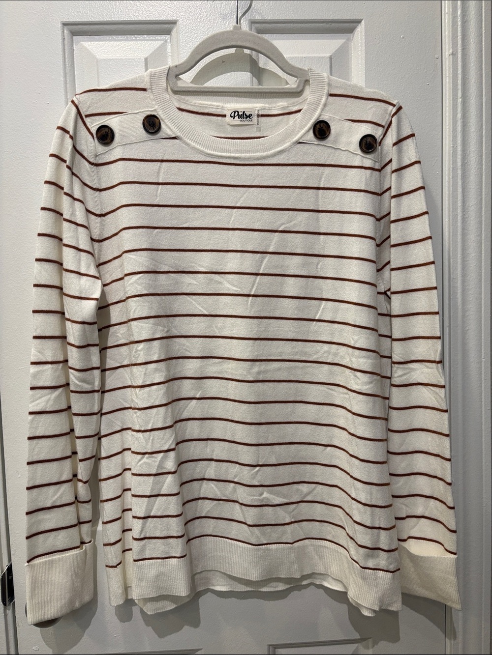 Pulse Cream and Rust-Striped Button-Shoulder Crewneck Sweater